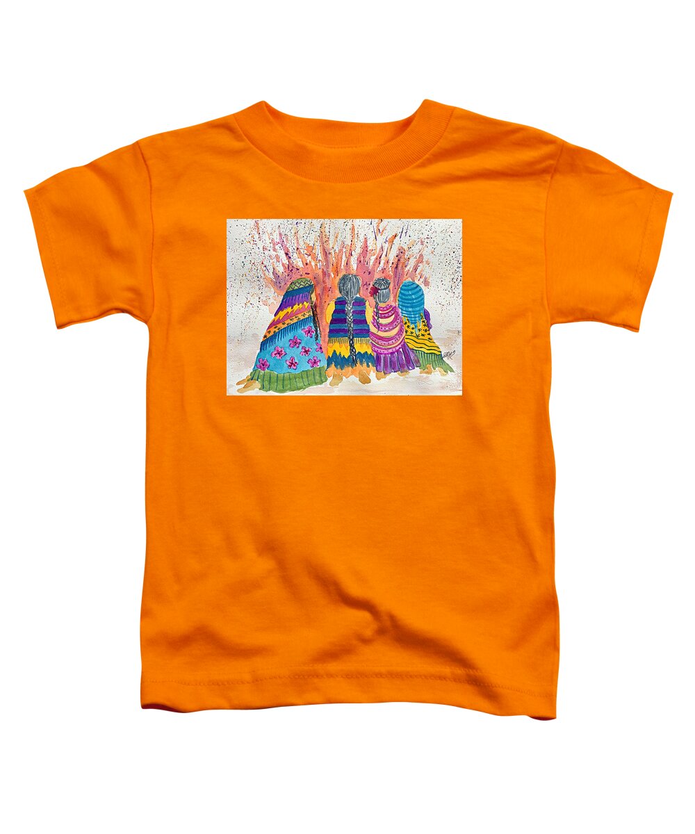 Earth Mothers Toddler T-Shirt featuring the painting Earth Mothers - Feeding the Fire by Ellen Levinson
