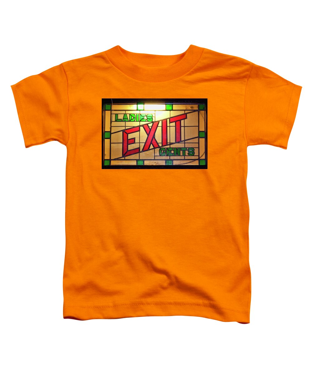 Stained Glass Toddler T-Shirt featuring the photograph EXIT - LADIES/GENTS art deco sign by Tatiana Travelways