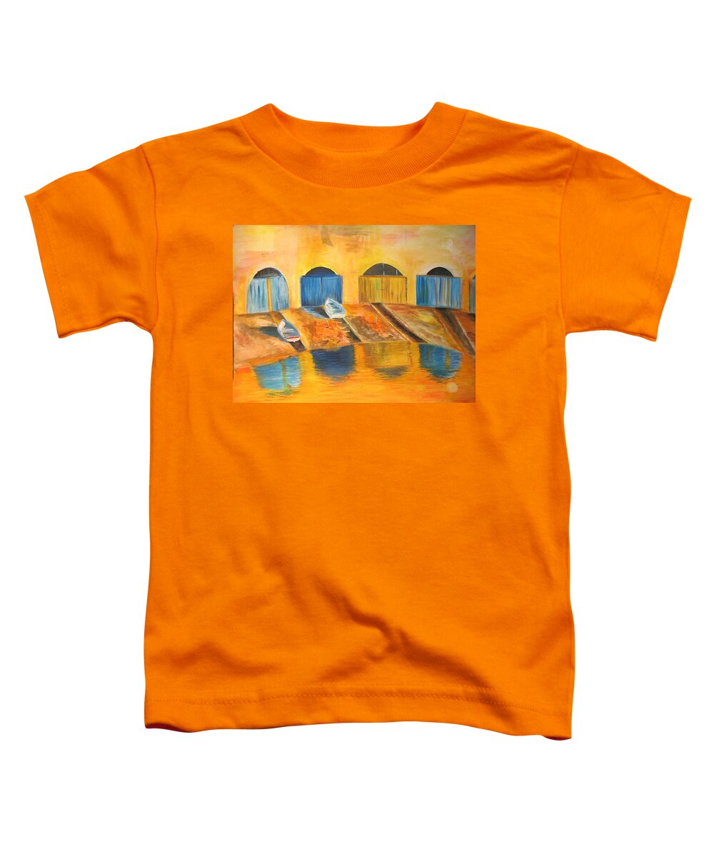 Boats Toddler T-Shirt featuring the painting Fishermens boats at sundown by Lizzy Forrester
