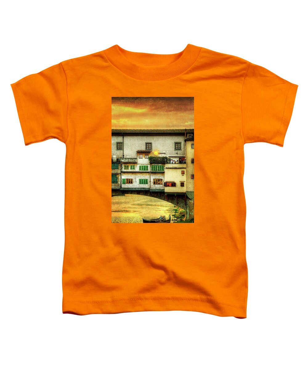 Ponte Vecchio Florence Toddler T-Shirt featuring the photograph Florence - Boats under the Ponte Vecchio sunset by Weston Westmoreland