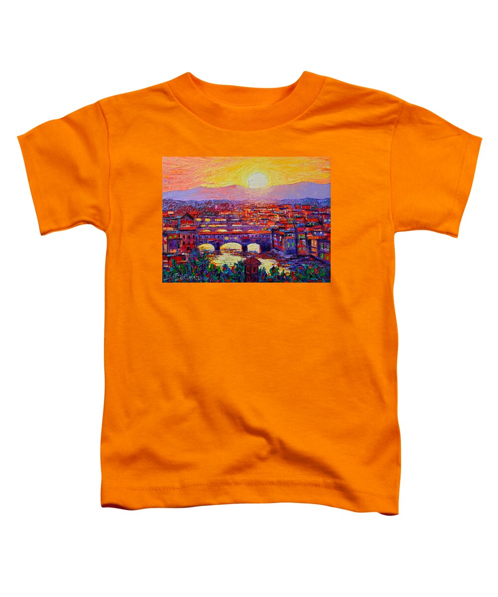 Florence Toddler T-Shirt featuring the painting Florence Sunset Over Ponte Vecchio Abstract Impressionist Knife Oil Painting By Ana Maria Edulescu by Ana Maria Edulescu