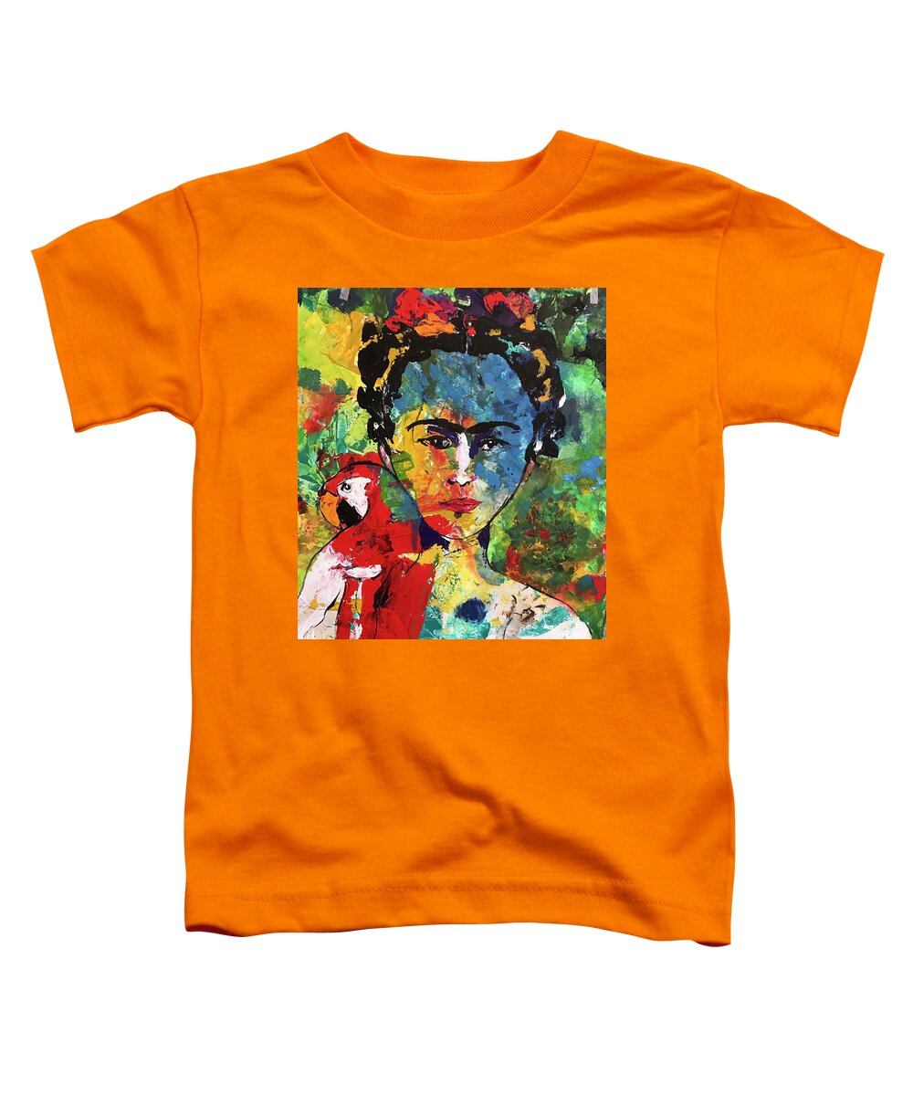 Frida Toddler T-Shirt featuring the painting Frida and Parrot Uno by Elaine Elliott