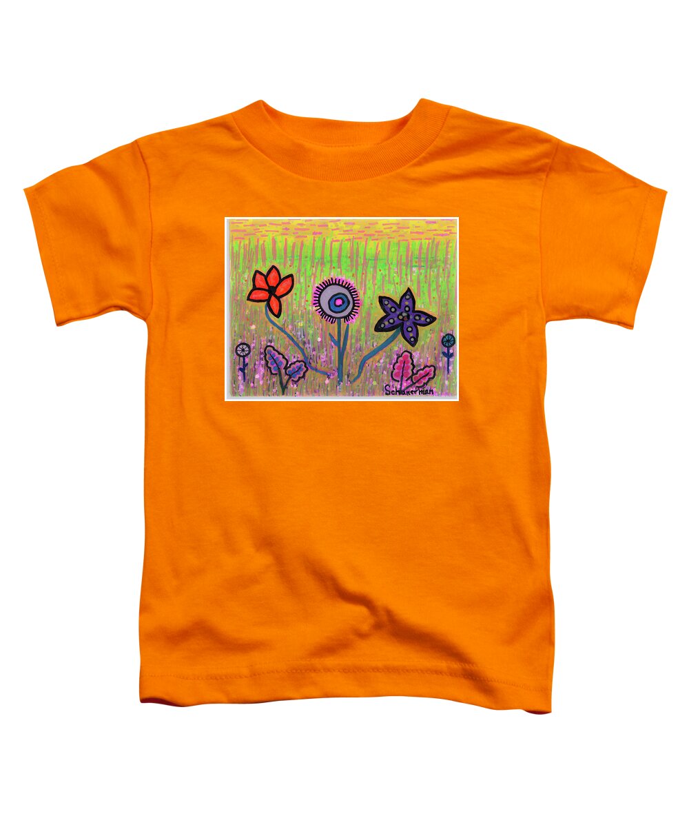 Original Drawing/painting Toddler T-Shirt featuring the drawing Funky Flowers in a Field of Green by Susan Schanerman