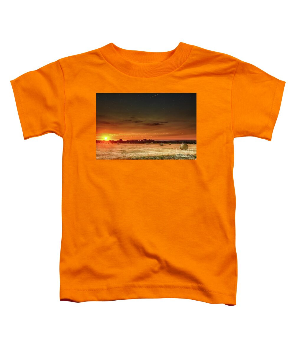 Sunset Toddler T-Shirt featuring the photograph Hay bales at sunset and stars by Simon Bratt