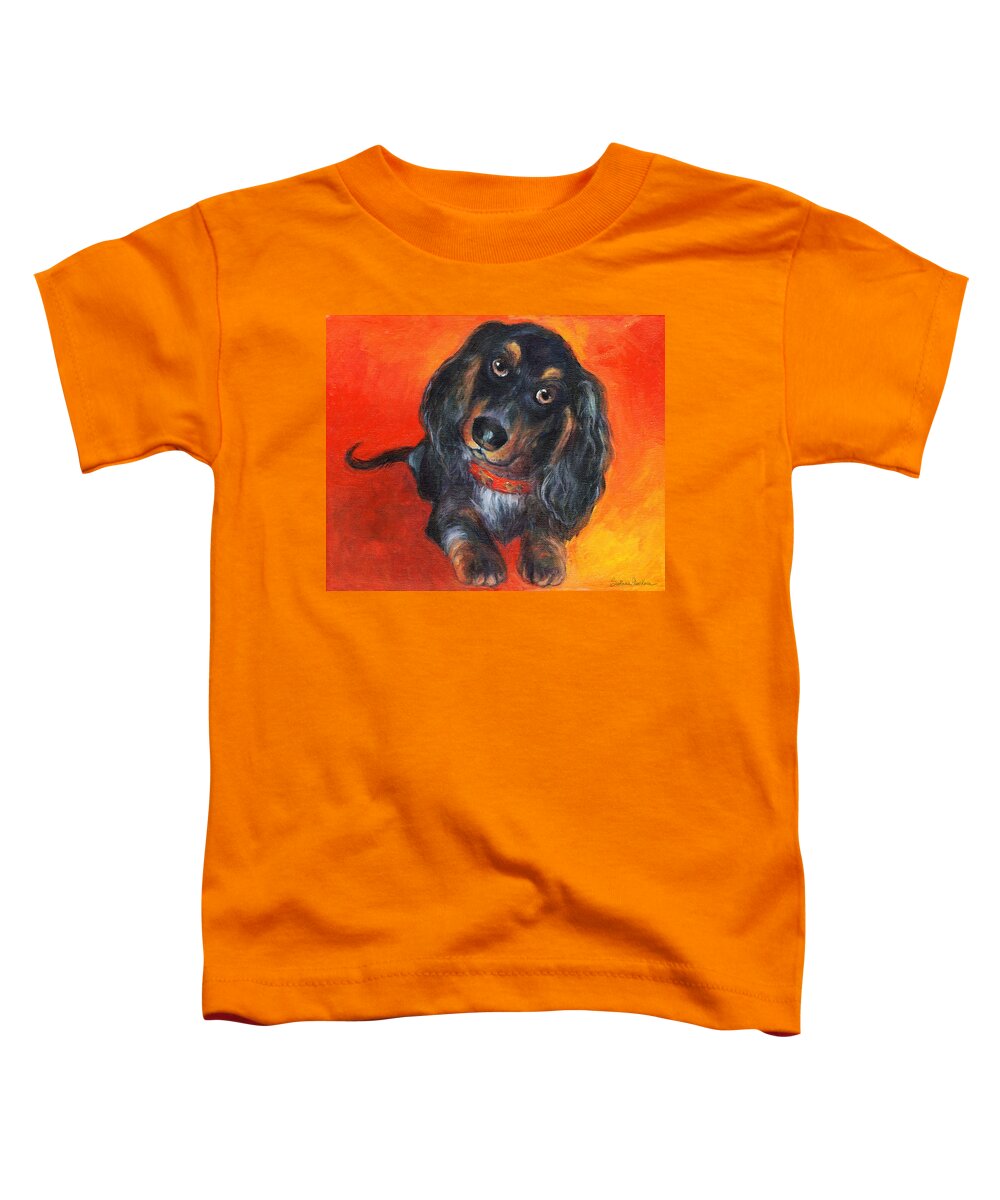 Long-haired Toddler T-Shirt featuring the painting Long haired Dachshund dog puppy Portrait painting by Svetlana Novikova