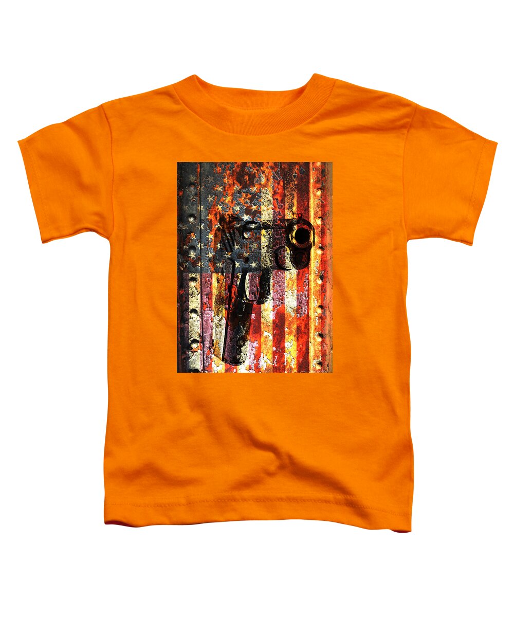 American Toddler T-Shirt featuring the digital art M1911 Silhouette On Rusted American Flag by M L C