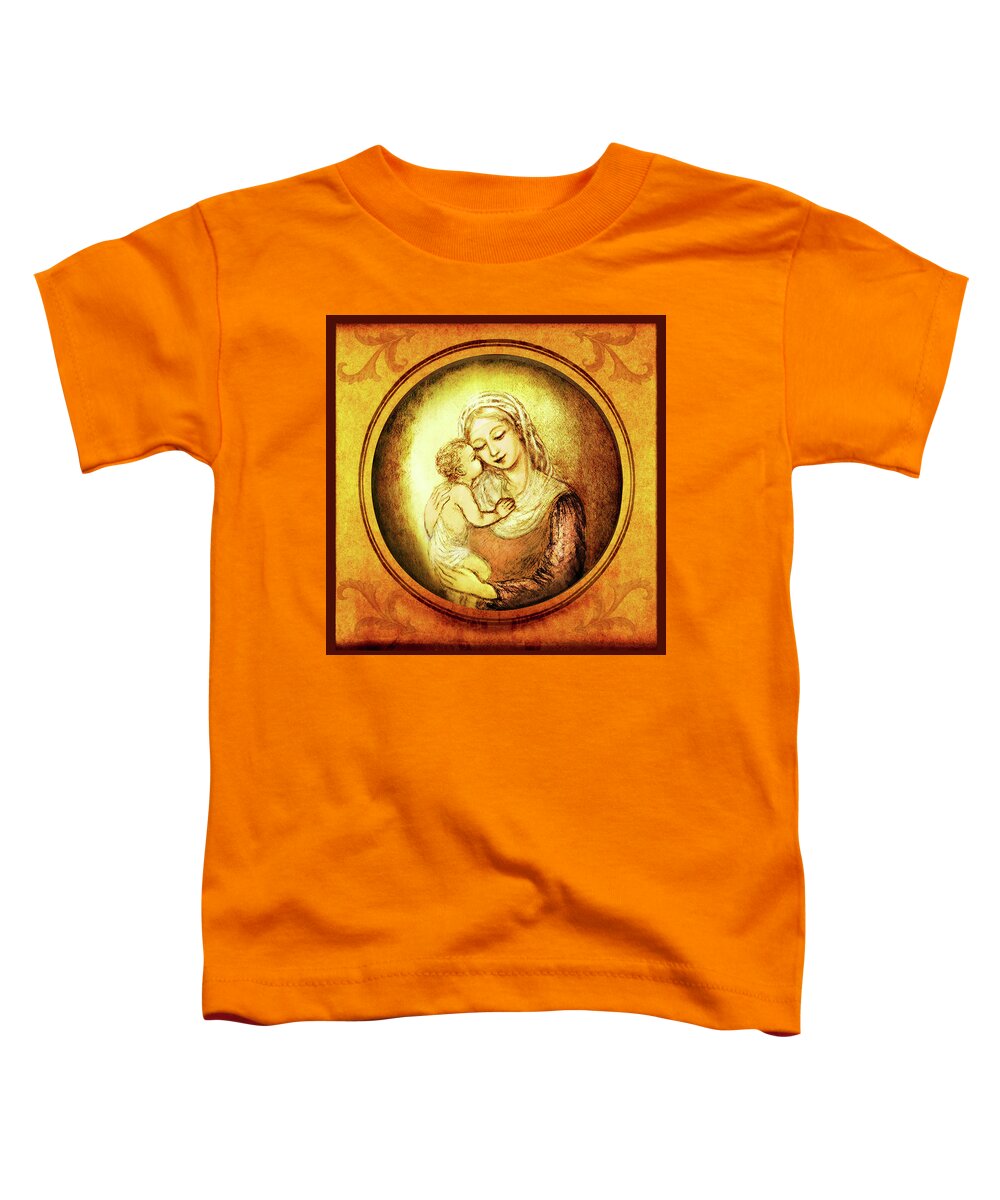 Madonna And Child Toddler T-Shirt featuring the mixed media Madonna with the Kissing Child - in golden frame by Ananda Vdovic