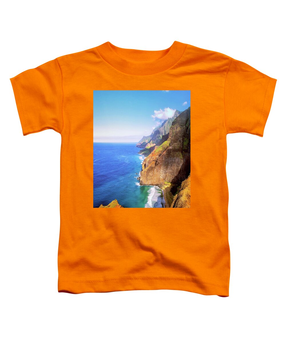 Olenaart Toddler T-Shirt featuring the photograph Kauai, Hawaii Aerial View of the North Na Pali Coast by Lena Owens - OLena Art Vibrant Palette Knife and Graphic Design