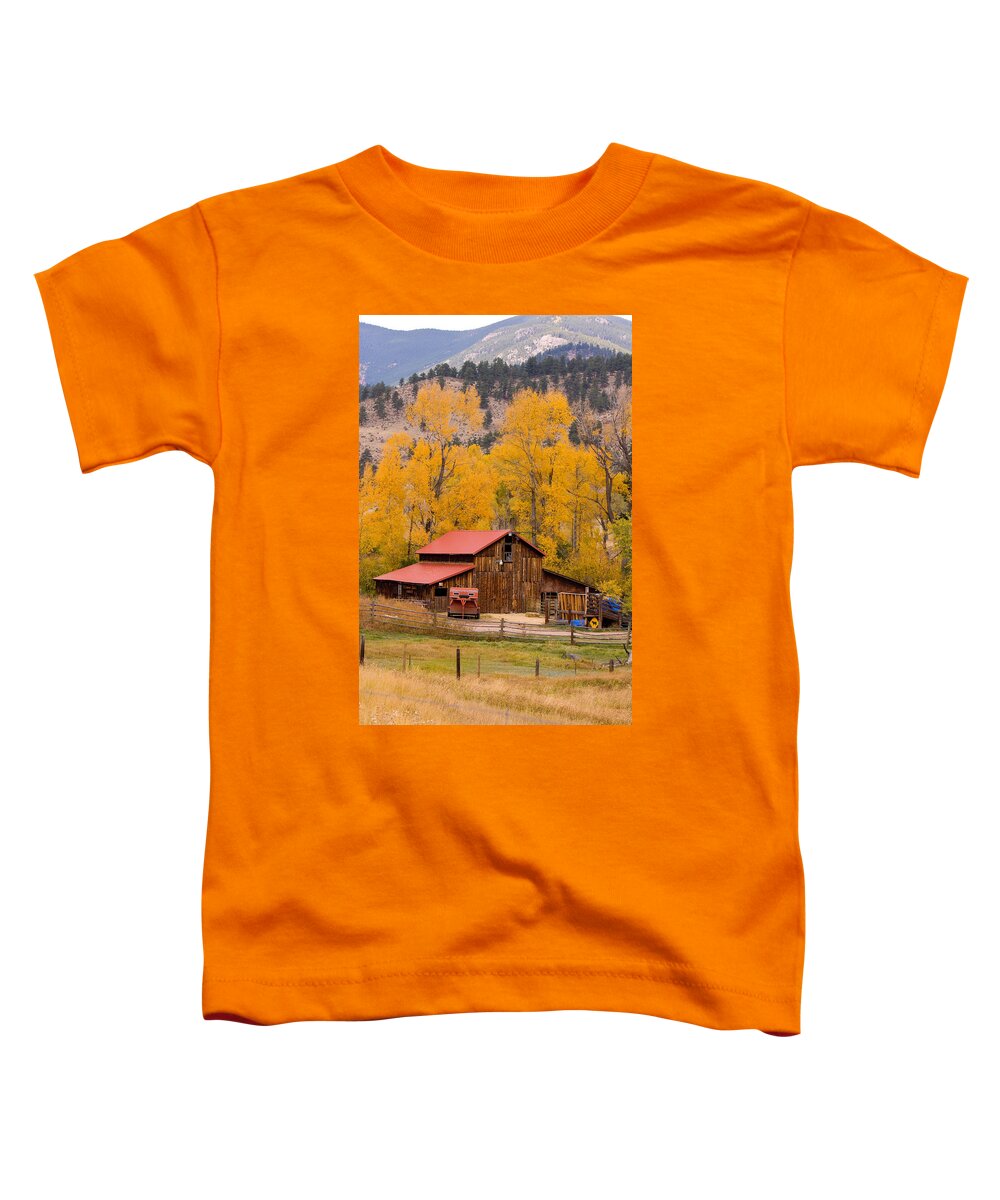 Rustic Toddler T-Shirt featuring the photograph Rocky Mountain Barn Autumn View by James BO Insogna