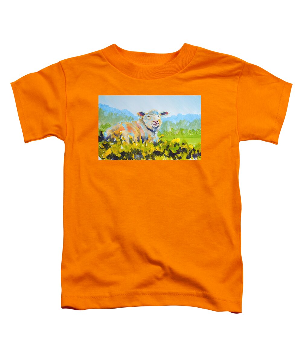  Toddler T-Shirt featuring the painting Sheep lying down in English countryside by Mike Jory