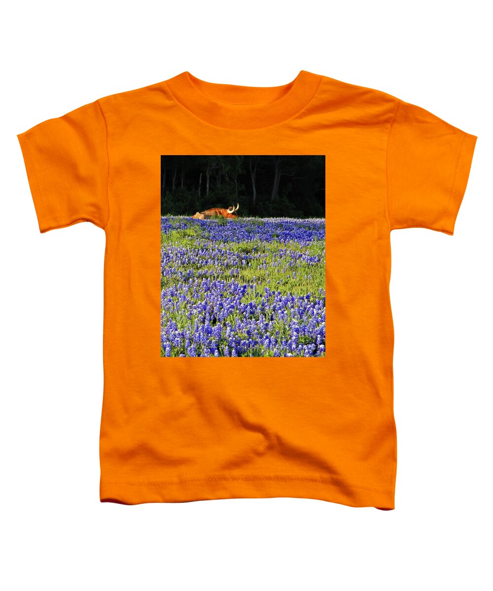 Cow Toddler T-Shirt featuring the photograph Sleeping Longhorn in Bluebonnet Field by Ted Keller