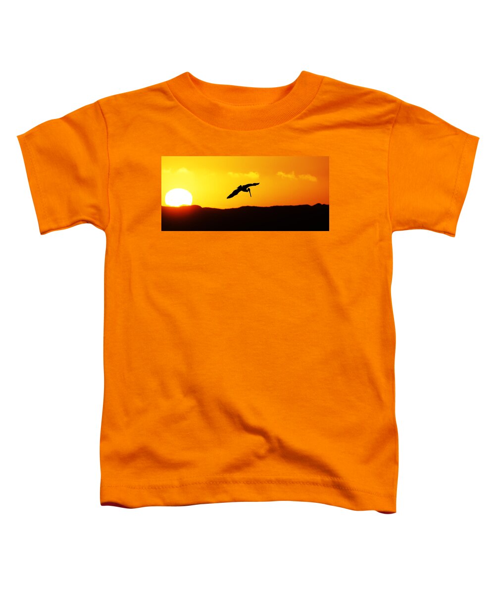 Animals Toddler T-Shirt featuring the photograph The End of the Day -- Brown Pelican at Sunset in Morro Bay State Park, California by Darin Volpe