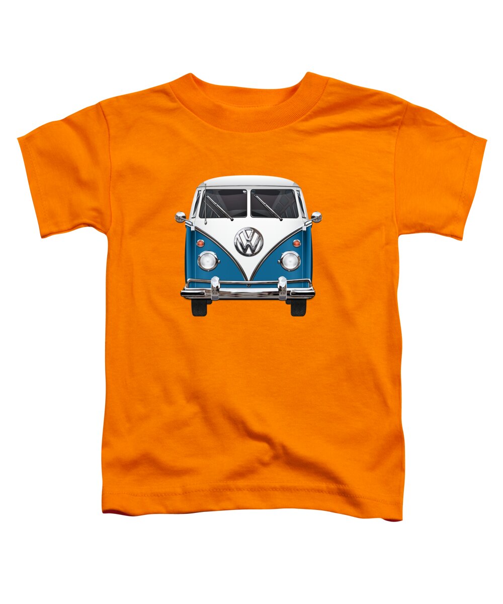 'volkswagen Type 2' Collection By Serge Averbukh Toddler T-Shirt featuring the digital art Volkswagen Type 2 - Blue and White Volkswagen T 1 Samba Bus over Orange Canvas by Serge Averbukh