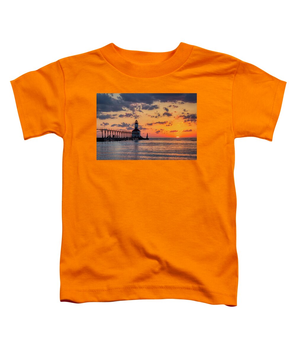 Architecture Toddler T-Shirt featuring the photograph Dramatic Sunset at Michigan City East Pierhead Lighthouse #1 by Andy Konieczny