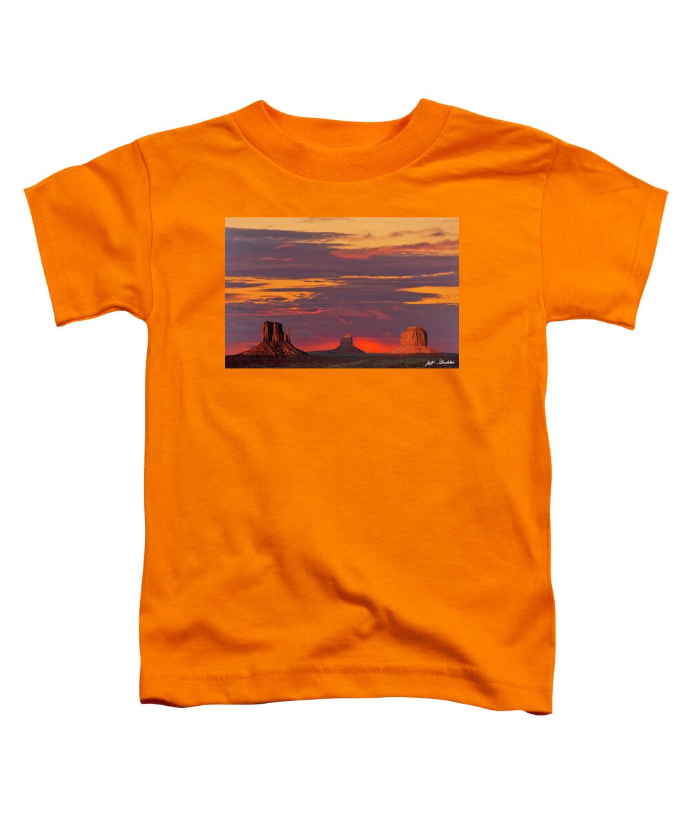 Arid Climate Toddler T-Shirt featuring the photograph The Mittens and Merrick Butte at Sunset #1 by Jeff Goulden