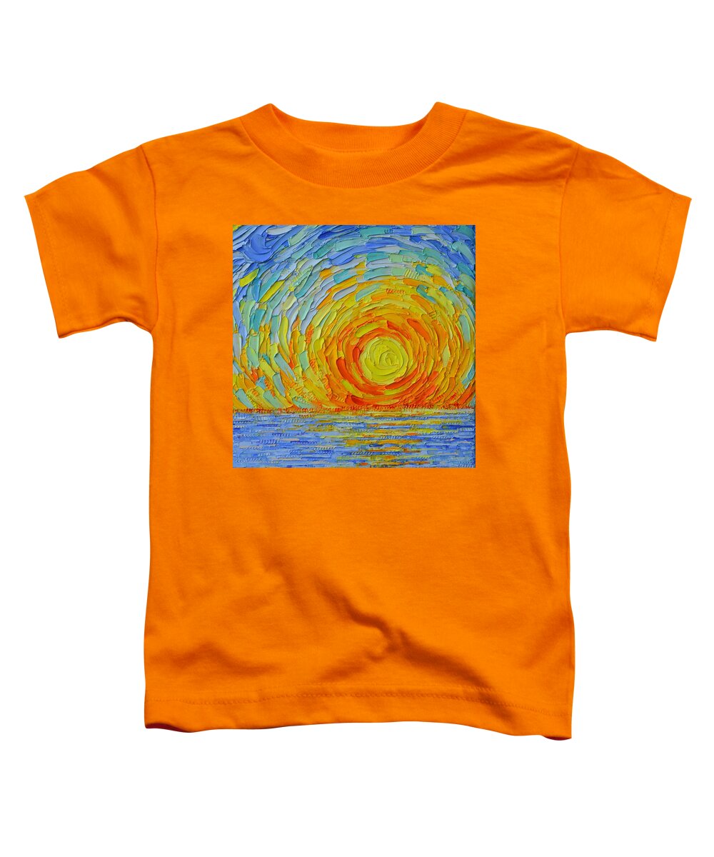 Sun Toddler T-Shirt featuring the painting ABSTRACT SUNSCAPE AND WATER textural impressionist palette knife oil painting by Ana Maria Edulescu by Ana Maria Edulescu