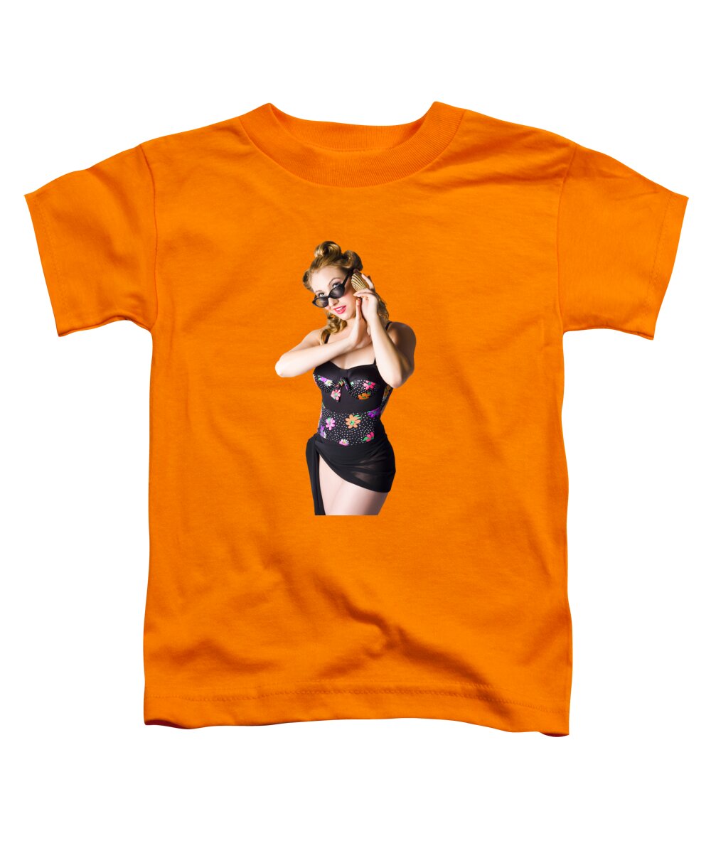 Retro Toddler T-Shirt featuring the photograph Beautiful 1950s pinup woman listening to sea shell by Jorgo Photography