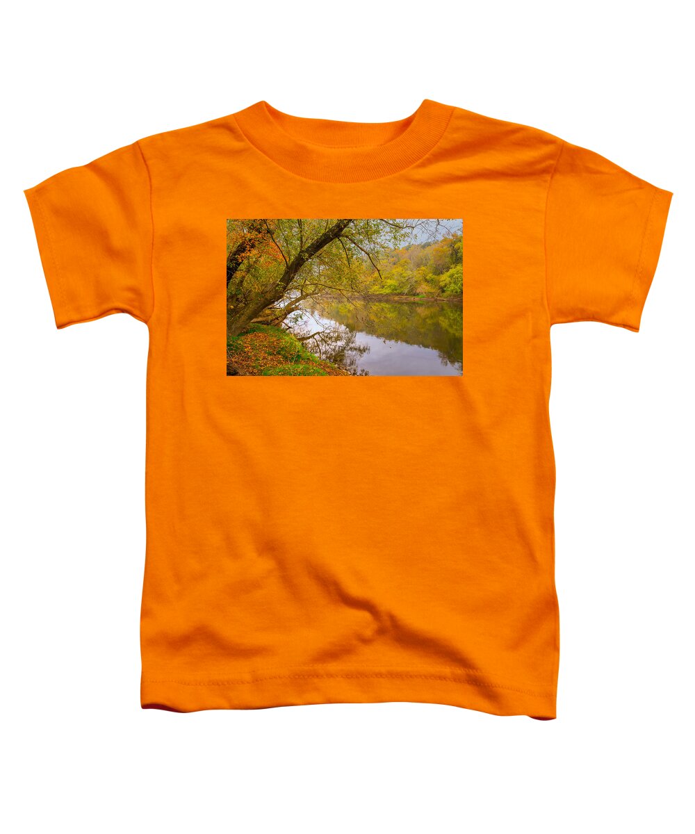 Fall Colors Glow In The Mist Over The French Broad River In Tennessee. Toddler T-Shirt featuring the photograph French Broad River by Tom Gresham