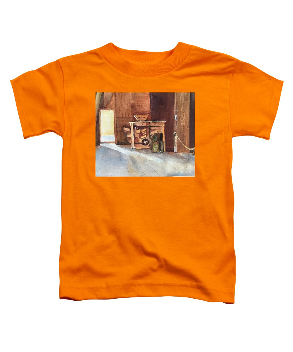Old Farm Equipment Toddler T-Shirt featuring the painting Hovander park Old Barn, WA by Watercolor Meditations