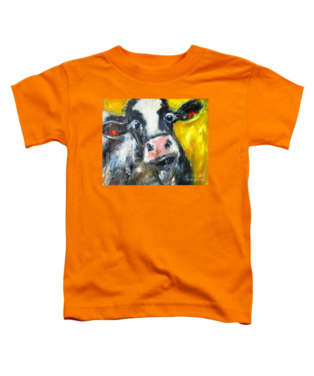 Cow Painting Toddler T-Shirt featuring the painting Painting Of Irish Black Cow On Yellow by Mary Cahalan Lee - aka PIXI