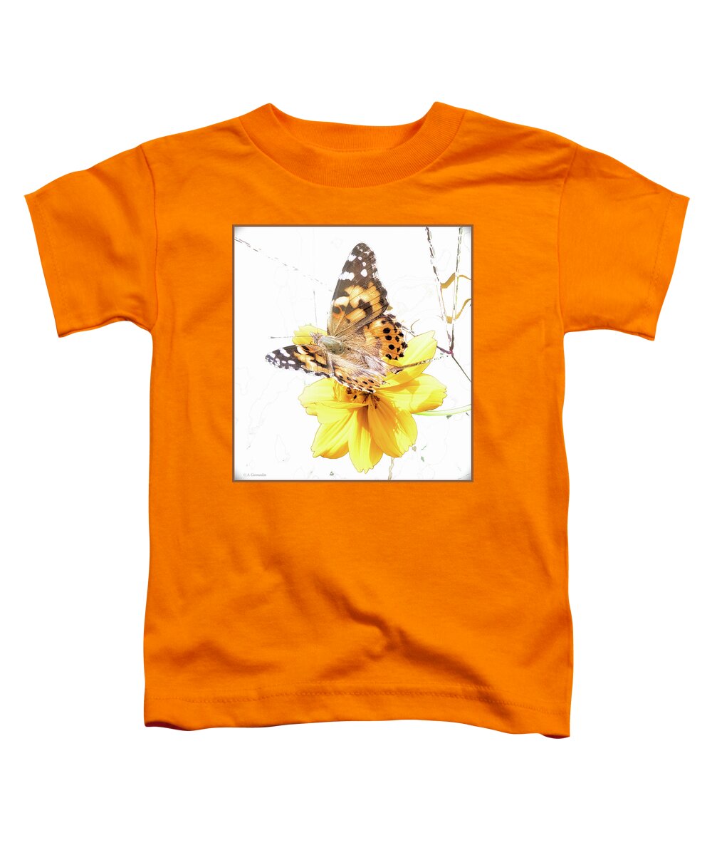 Painted Lady Butterfly Toddler T-Shirt featuring the digital art Painted Lady Butterfly, Cosmos Flower by A Macarthur Gurmankin
