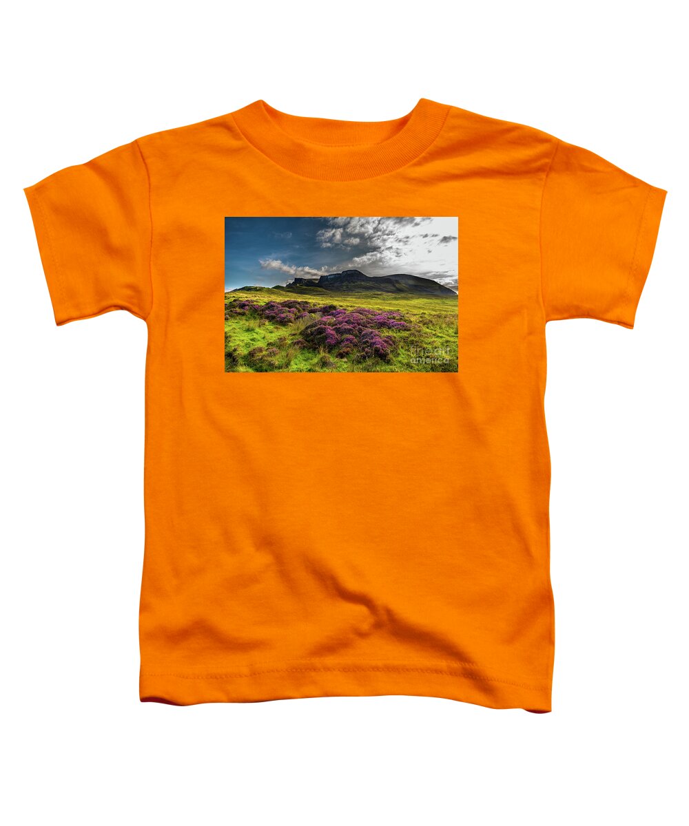 Abandoned Toddler T-Shirt featuring the photograph Pasture With Blooming Heather In Scenic Mountain Landscape At The Old Man Of Storr Formation On The by Andreas Berthold