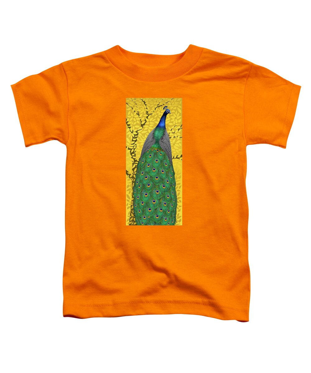 Peacock In Tree Toddler T-Shirt featuring the painting Peacock in Tree, Naples Yellow, Tall by David Arrigoni