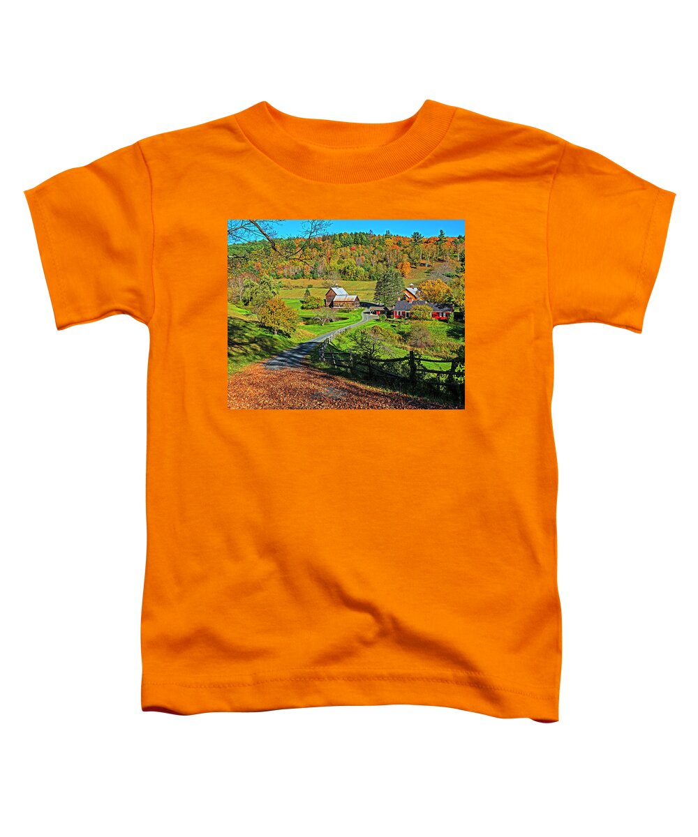 Woodstock Toddler T-Shirt featuring the photograph Sunny day on Sleepy Hollow Farm Woodstock Vermont Fall Foliage by Toby McGuire