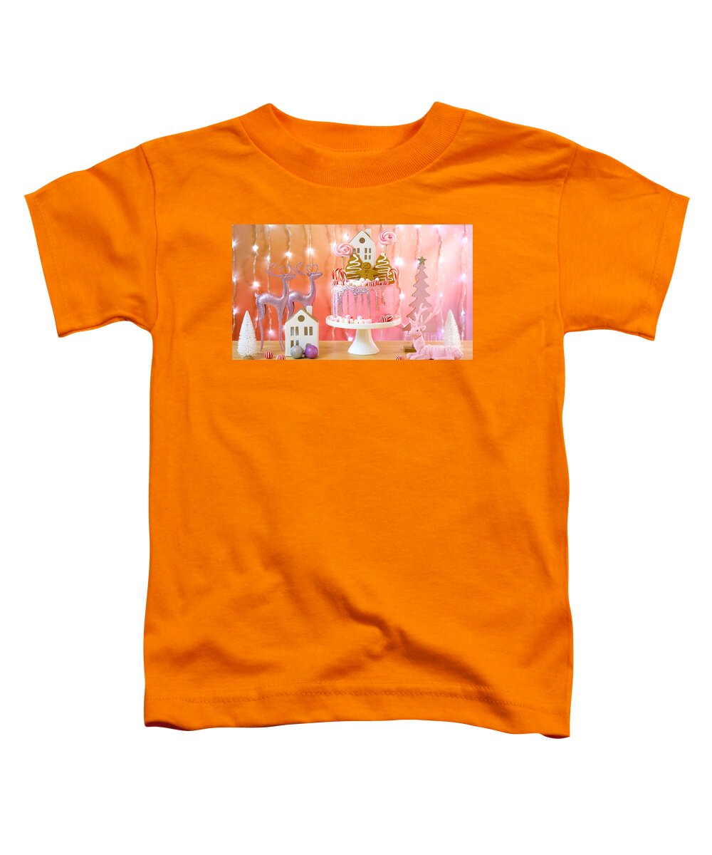 Christmas Toddler T-Shirt featuring the photograph Candy land Christmas cake in pink and gold party table setting. #1 by Milleflore Images