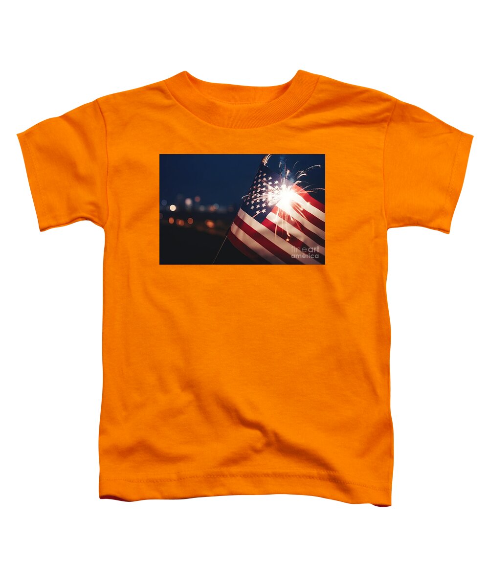 America Toddler T-Shirt featuring the digital art American flag waving in the night with fireworks #6 by Benny Marty