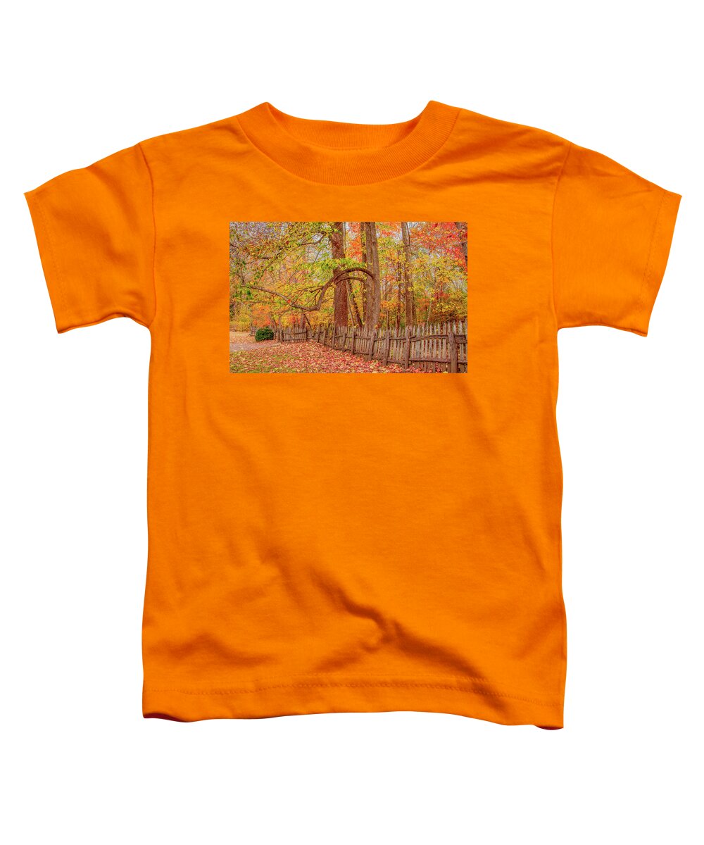 Oconaluftee Toddler T-Shirt featuring the photograph A Crooked Old Fence in the Shadow of Fall by Marcy Wielfaert