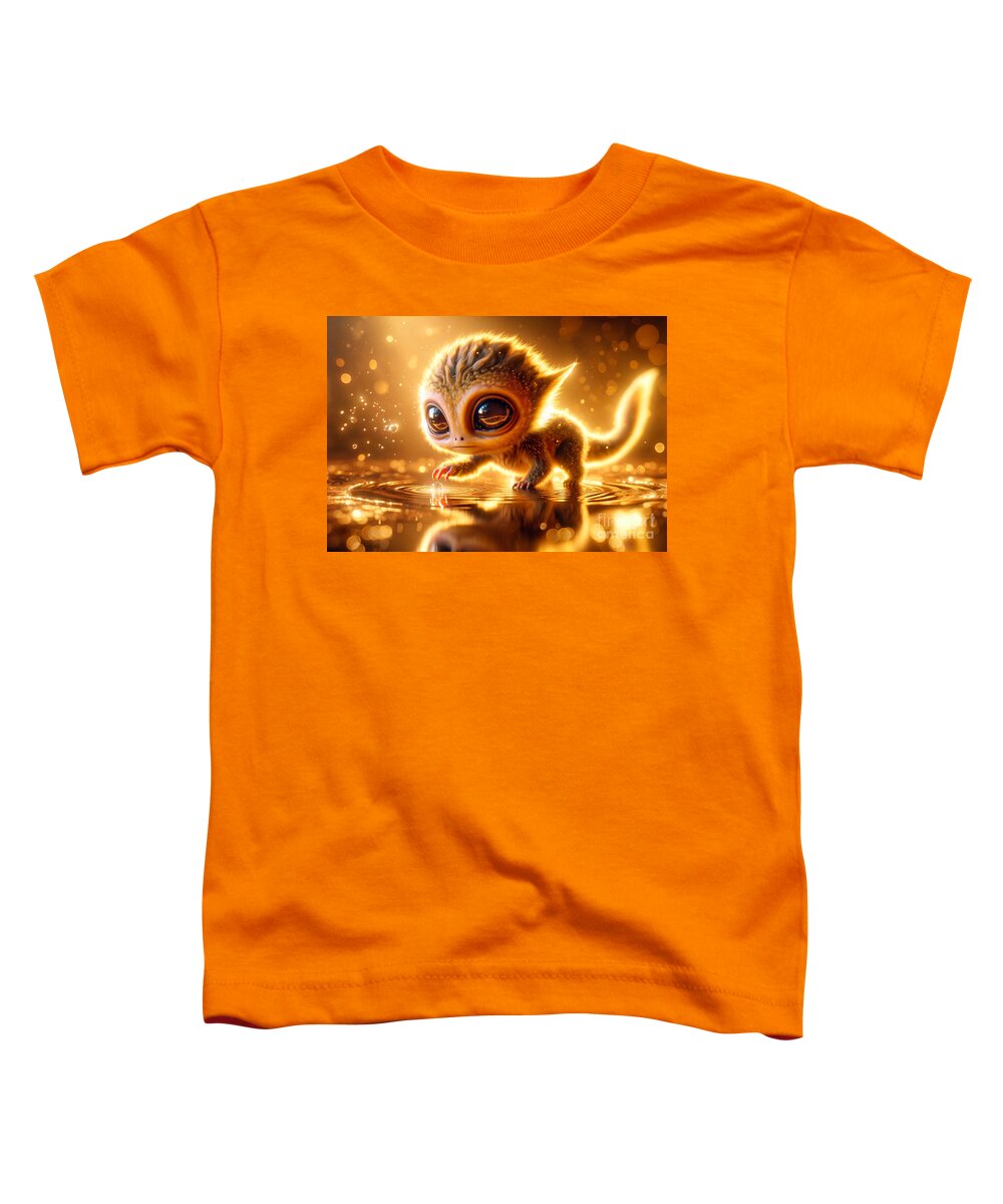 Big Eyes Toddler T-Shirt featuring the digital art A fantastic alien creature that looks like a fusion of a dragon and an owl touches the water by Odon Czintos