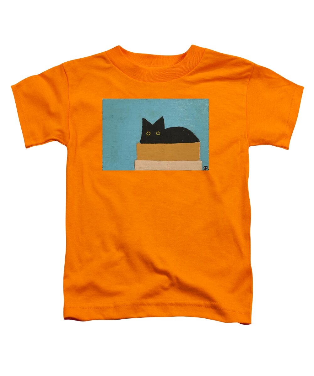 Black Cat Toddler T-Shirt featuring the painting Black cat in box blue by Sherry Rusinack