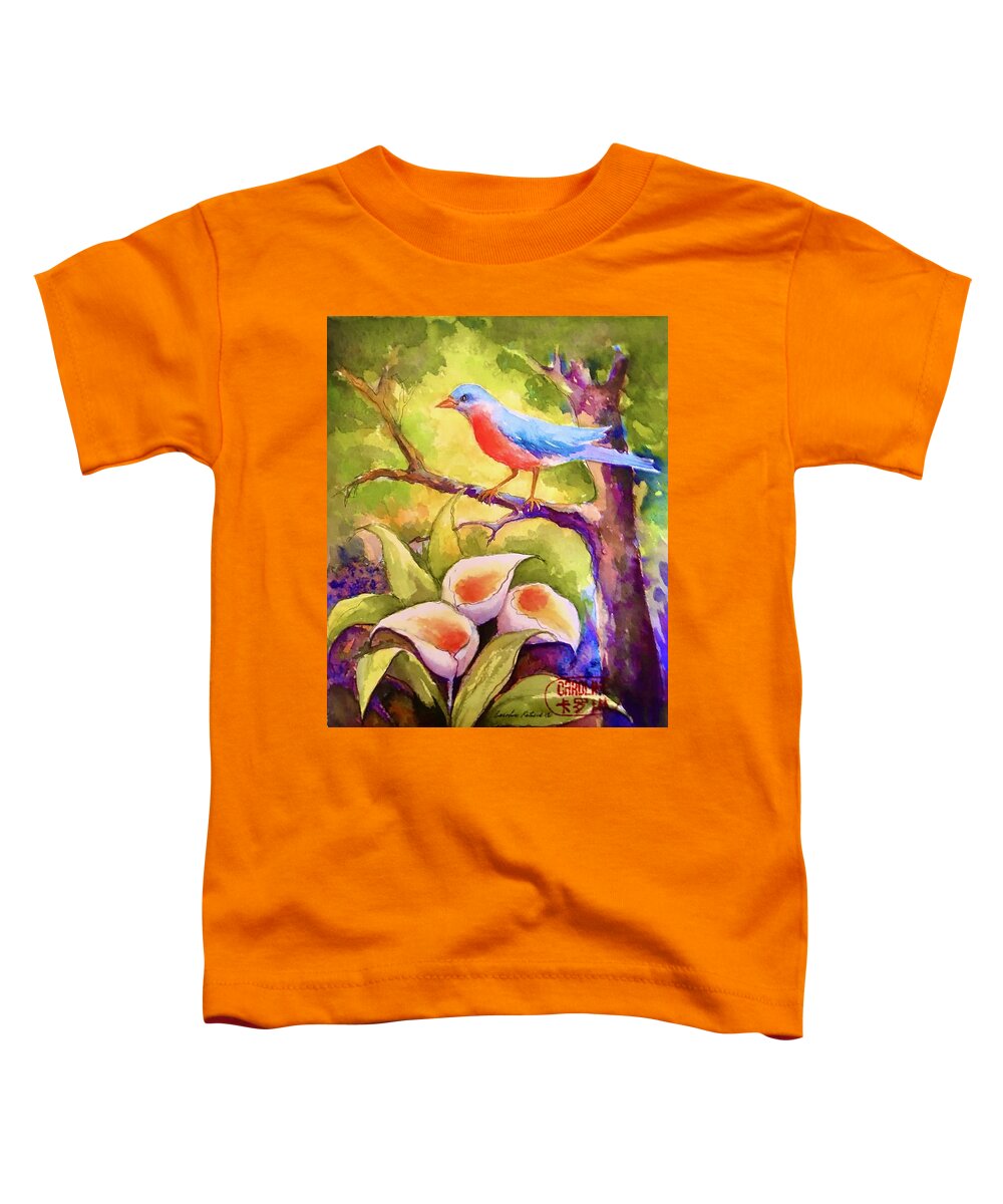 Blue Bird Speaking Toddler T-Shirt featuring the painting Blue Bird whispers by Caroline Patrick