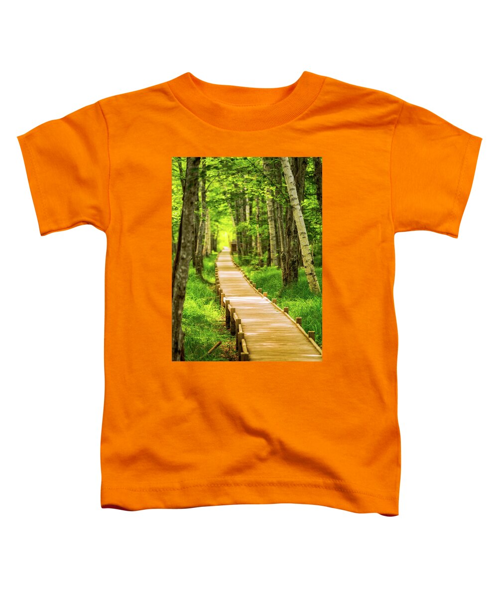 Acadia Toddler T-Shirt featuring the photograph Boardwalk in the Forest by Jeff Sinon