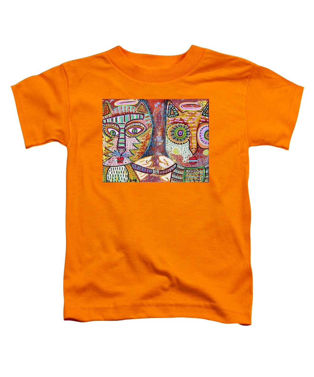  Toddler T-Shirt featuring the painting Cat And Owl Angel Friends by Sandra Silberzweig