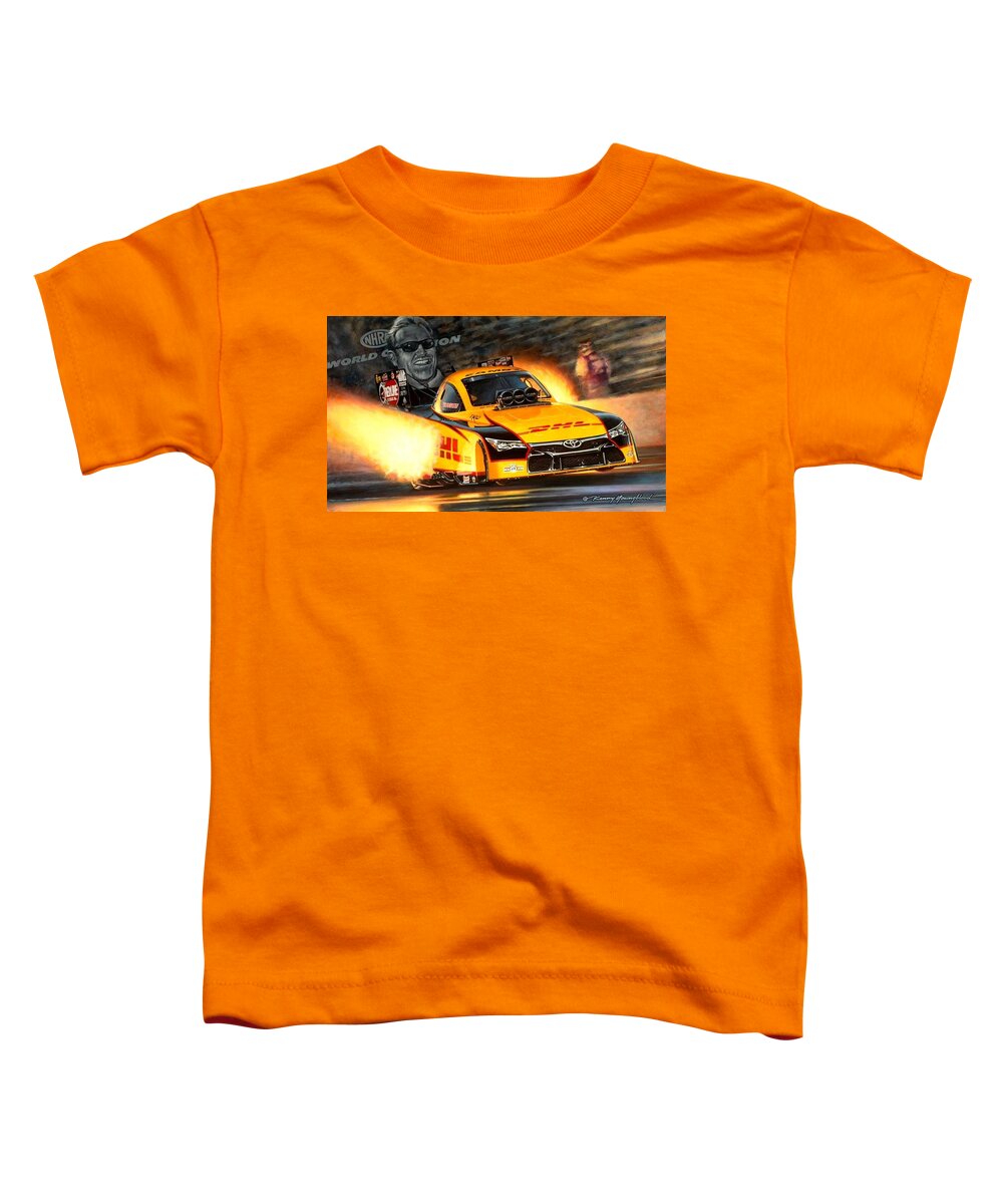 Nhra Drag Racing Top Fuel Funny Car Kenny Youngblood Tom Mcewen Mongoose John Force Del Worsham Toddler T-Shirt featuring the painting Championship Delivery by Kenny Youngblood