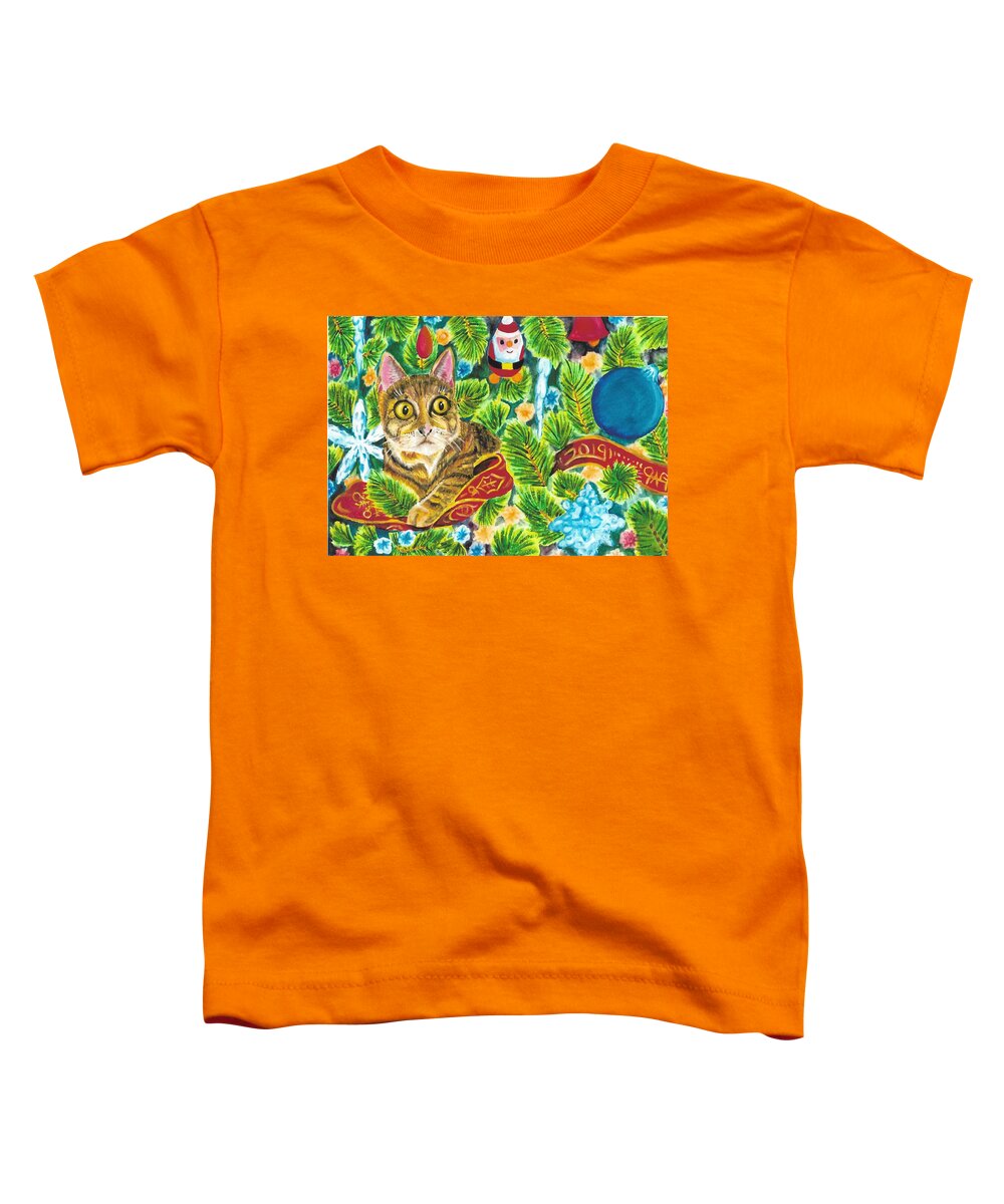 Art Toddler T-Shirt featuring the painting Christmas Cat 2 by The GYPSY