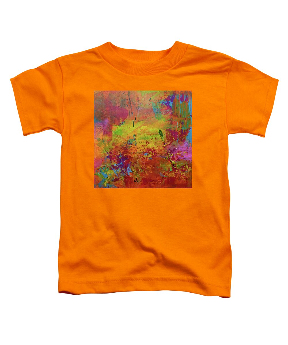Bright Toddler T-Shirt featuring the painting DANCE OF THE FIREBIRDS Abstract Painting Red Orange Yellow Pink Blue by Lynnie Lang