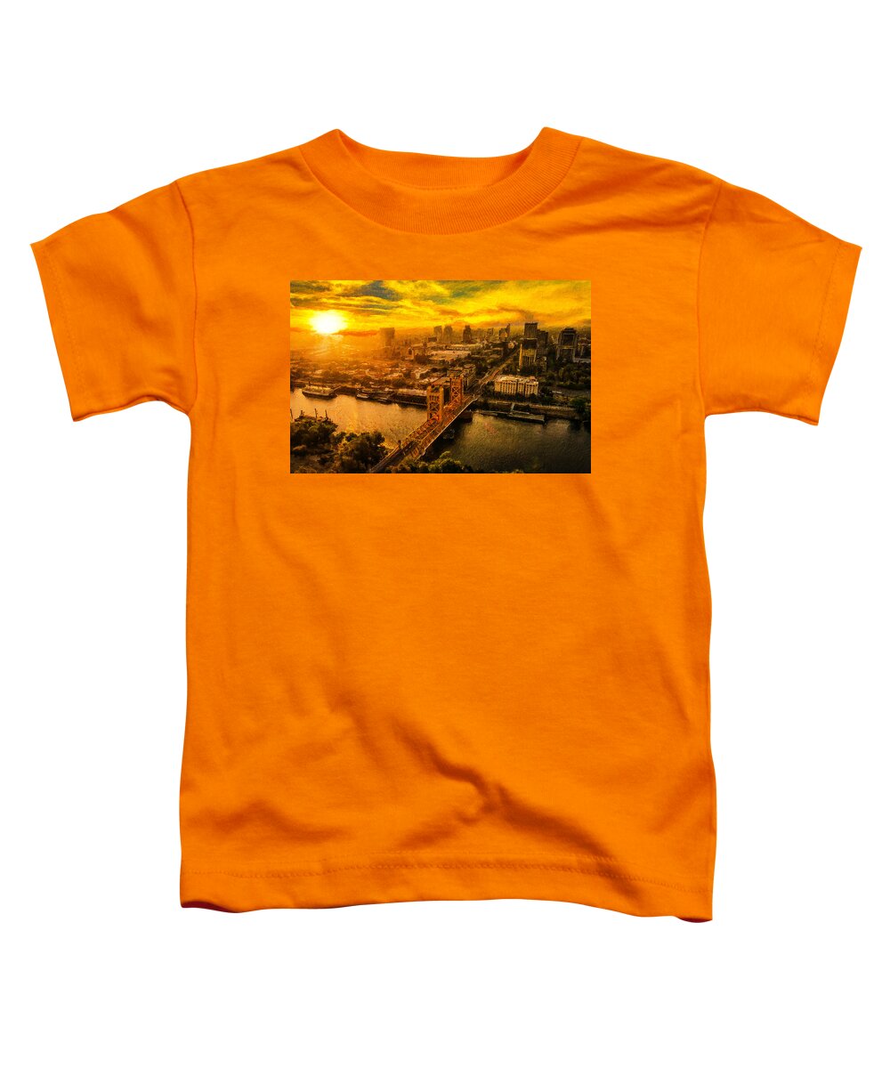 Sacramento Toddler T-Shirt featuring the digital art Downtown Sacramento and Tower Bridge at sunset - digital painting by Nicko Prints