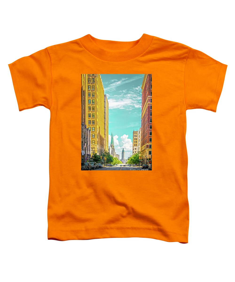 Main Street Toddler T-Shirt featuring the photograph Downtown Tulsa with turquoise sky - Modern and Art Deco building by Susan Vineyard