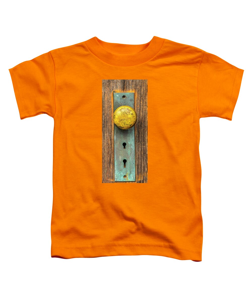 Weathered Toddler T-Shirt featuring the photograph Dual Keyholes And Weathered Doorknob by Gary Slawsky