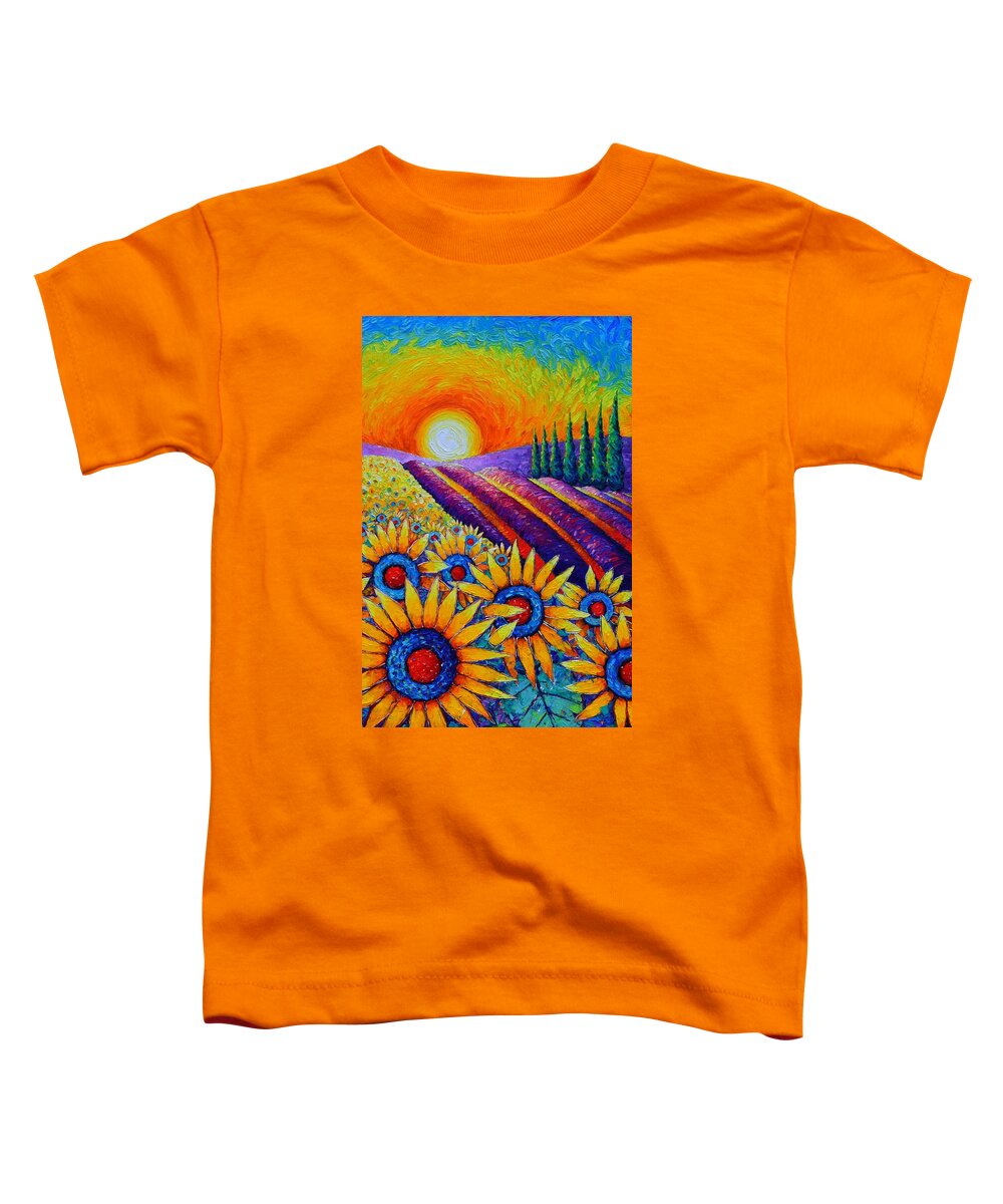 Sunflower Toddler T-Shirt featuring the painting FIELDS OF GOLD IN SUNRISE LIGHT commissioned painting sunflowers and lavender Ana Maria Edulescu by Ana Maria Edulescu