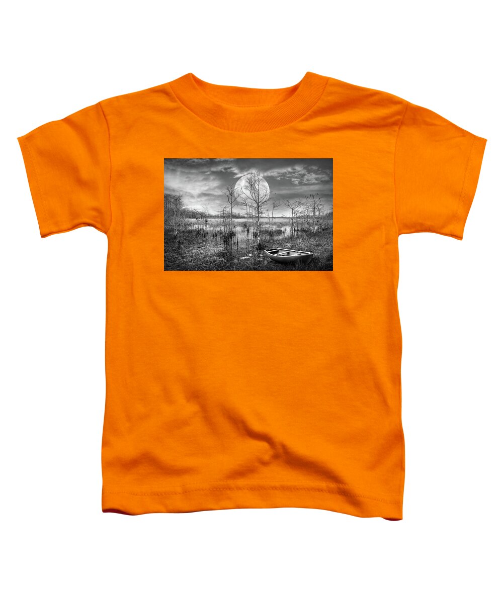 Boats Toddler T-Shirt featuring the photograph Floating Under the Full Moon in Black and White by Debra and Dave Vanderlaan