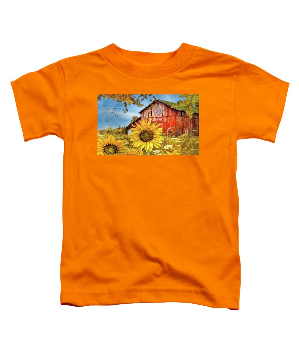 Barns Toddler T-Shirt featuring the photograph Golden Sunflowers Red Barn II by Debra and Dave Vanderlaan