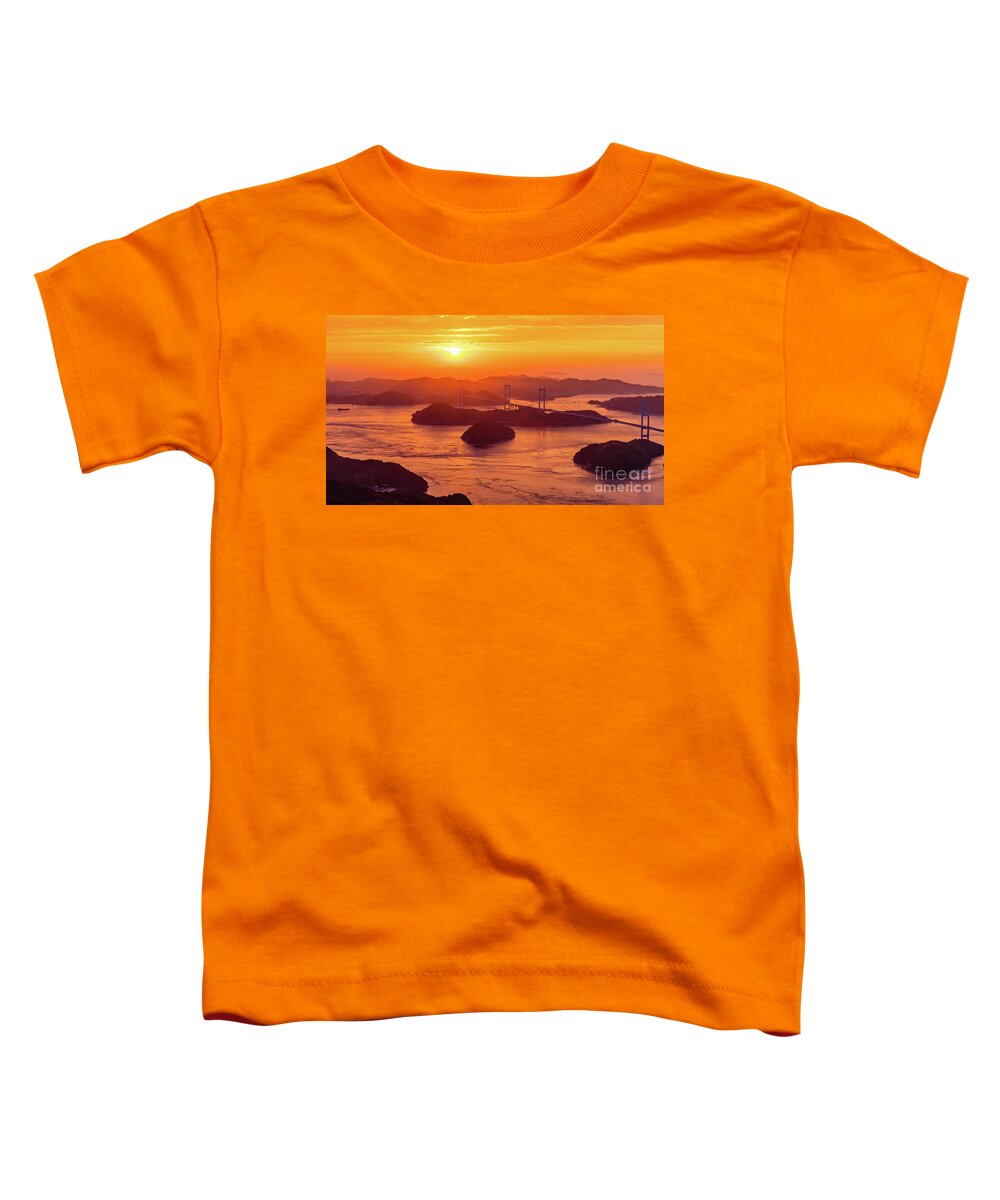 Sunset Toddler T-Shirt featuring the photograph Hazy sunset on Kurushima Kaikyo Bridge and Kurushima Strait by Lyl Dil Creations
