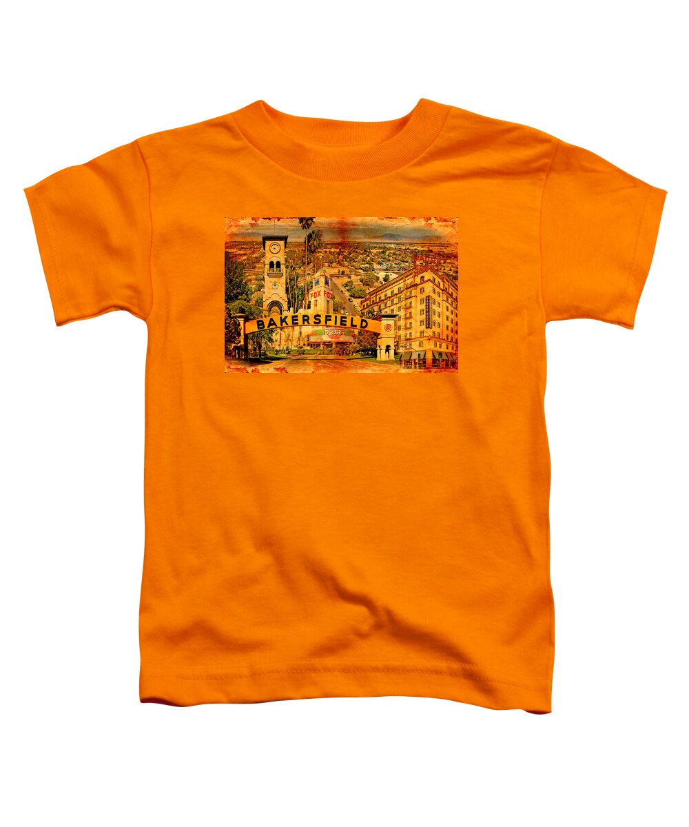Bakersfield Toddler T-Shirt featuring the digital art Historical buildings of Bakersfield, California, blended on old paper by Nicko Prints