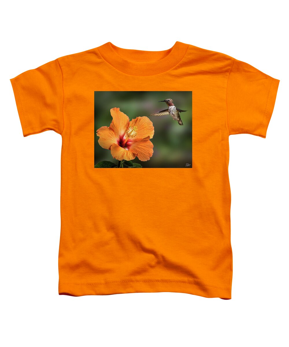 Hummingbird Toddler T-Shirt featuring the photograph Hummingbird and Peach Hibiscus by Endre Balogh
