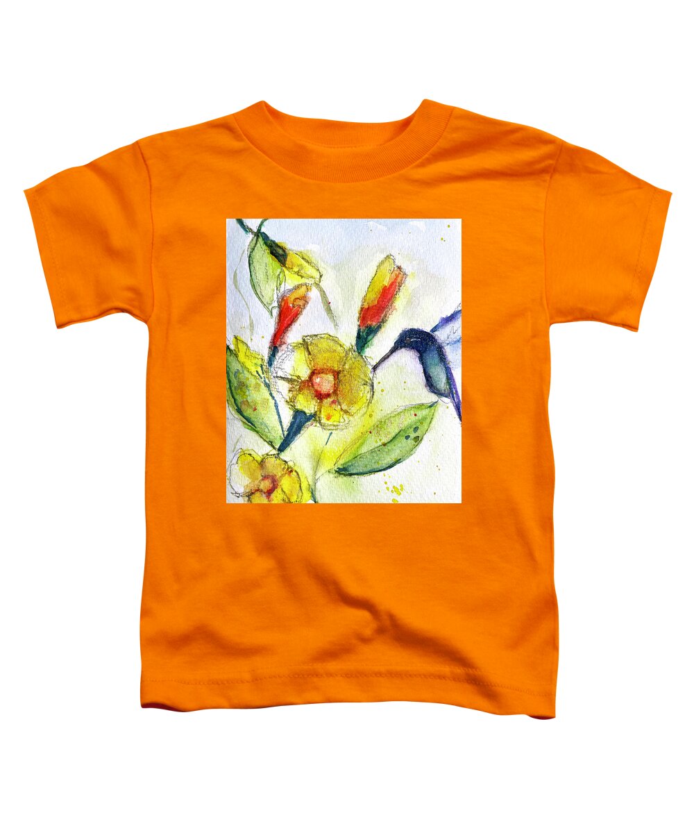 Watercolor Toddler T-Shirt featuring the painting Hummingbird in the Tube Flowers by Roxy Rich