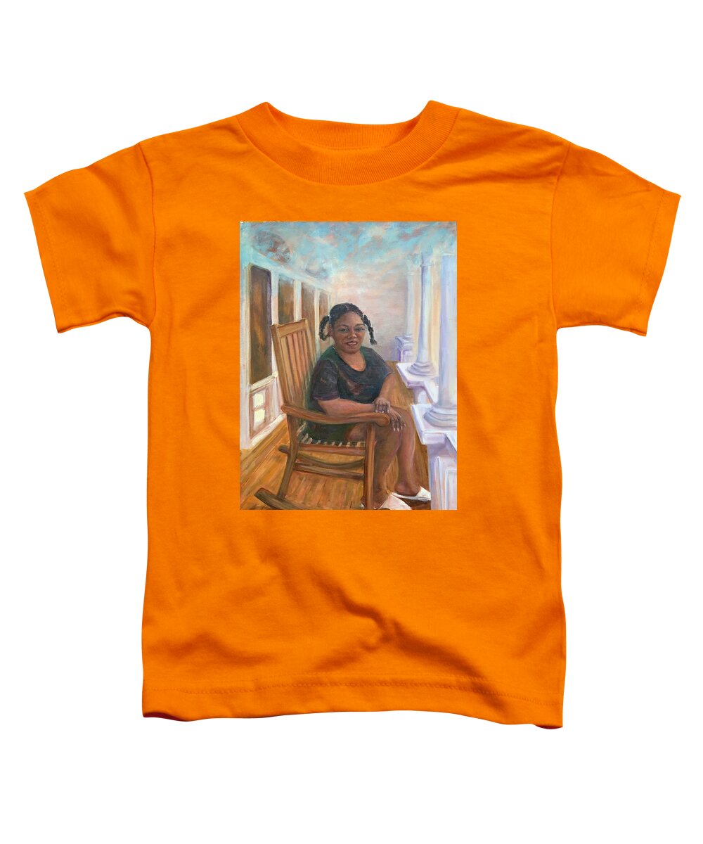 Ala Moana Surf Hotel Toddler T-Shirt featuring the painting Jackie on the Front Porch by Margaret Elliott